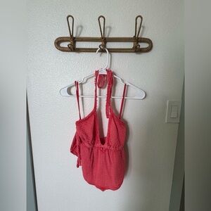 Out from Under Coral Red Textured Halter Tie Top